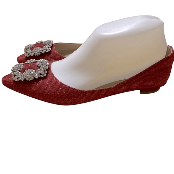 Manolo Blahnik Hangasi Elegant Red Glitter Women's Flats- Size 39 - Picture 1 of 11
